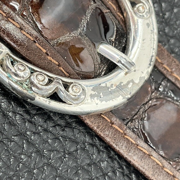 Brighton Crossbody Bag Black Pebbled Leather Brown Patent Croc Silver Accents - Picture 5 of 12